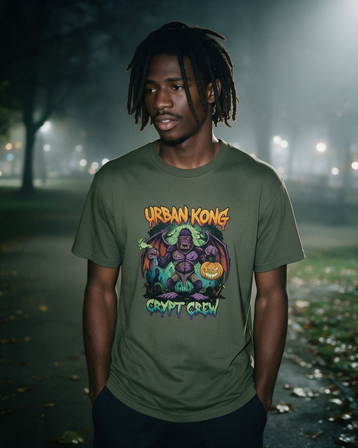 Zombie Bat Kong T-Shirt in Military Green worn on the street — Urban Kong