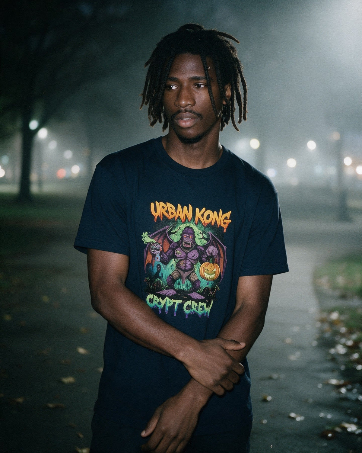 Zombie Bat Kong T-Shirt in Navy worn on the street — Urban Kong