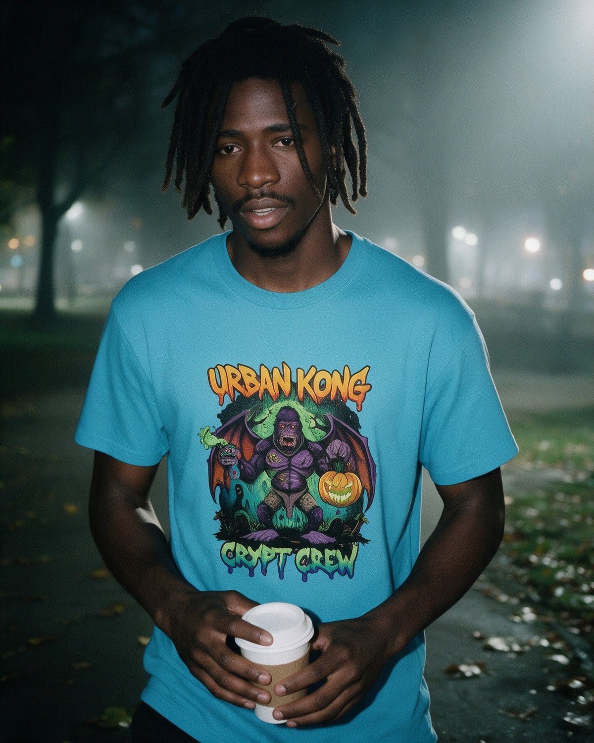 Zombie Bat Kong T-Shirt in Tropical Blue worn on the street — Urban Kong