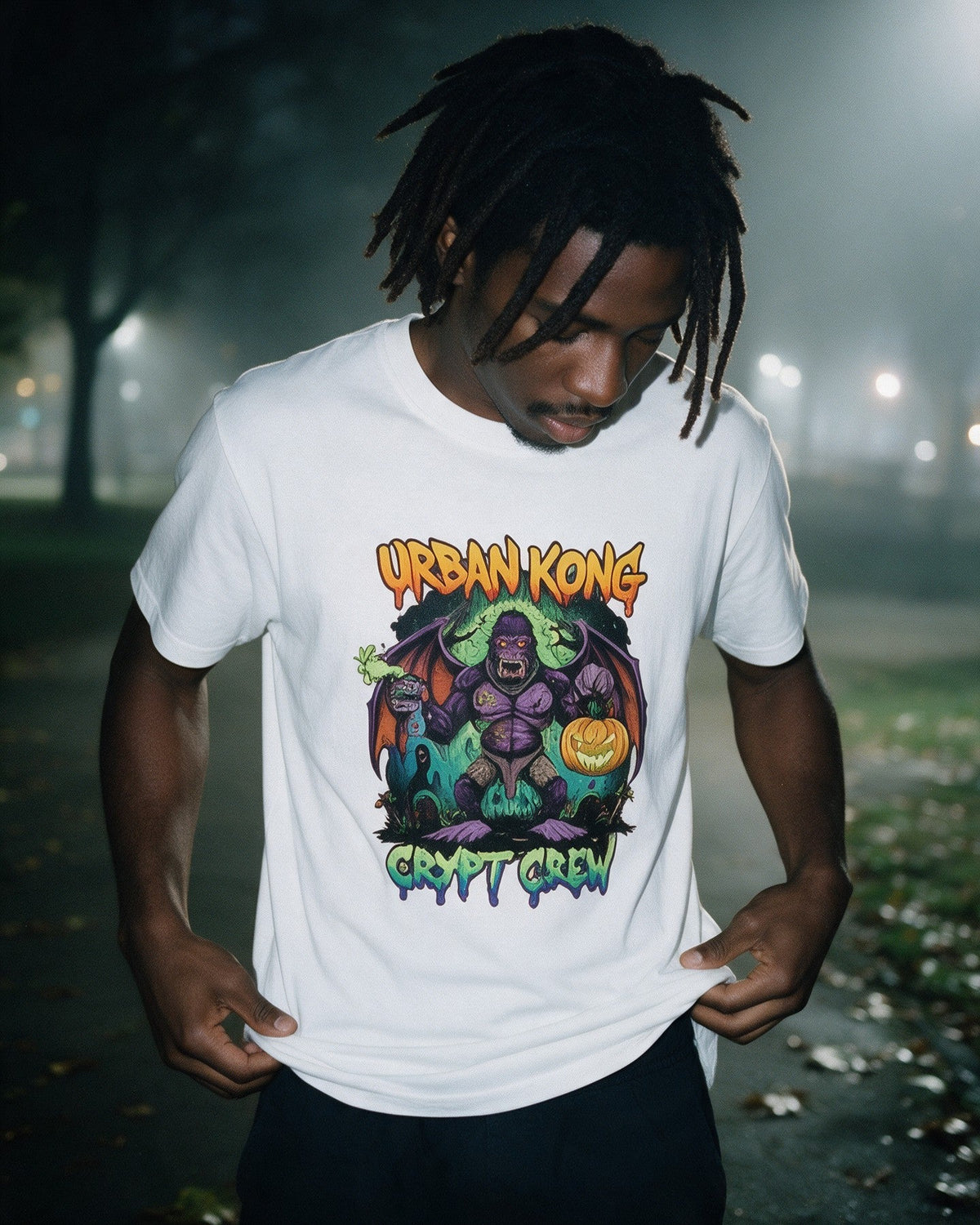 Zombie Bat Kong T-Shirt in White worn on the street — Urban Kong