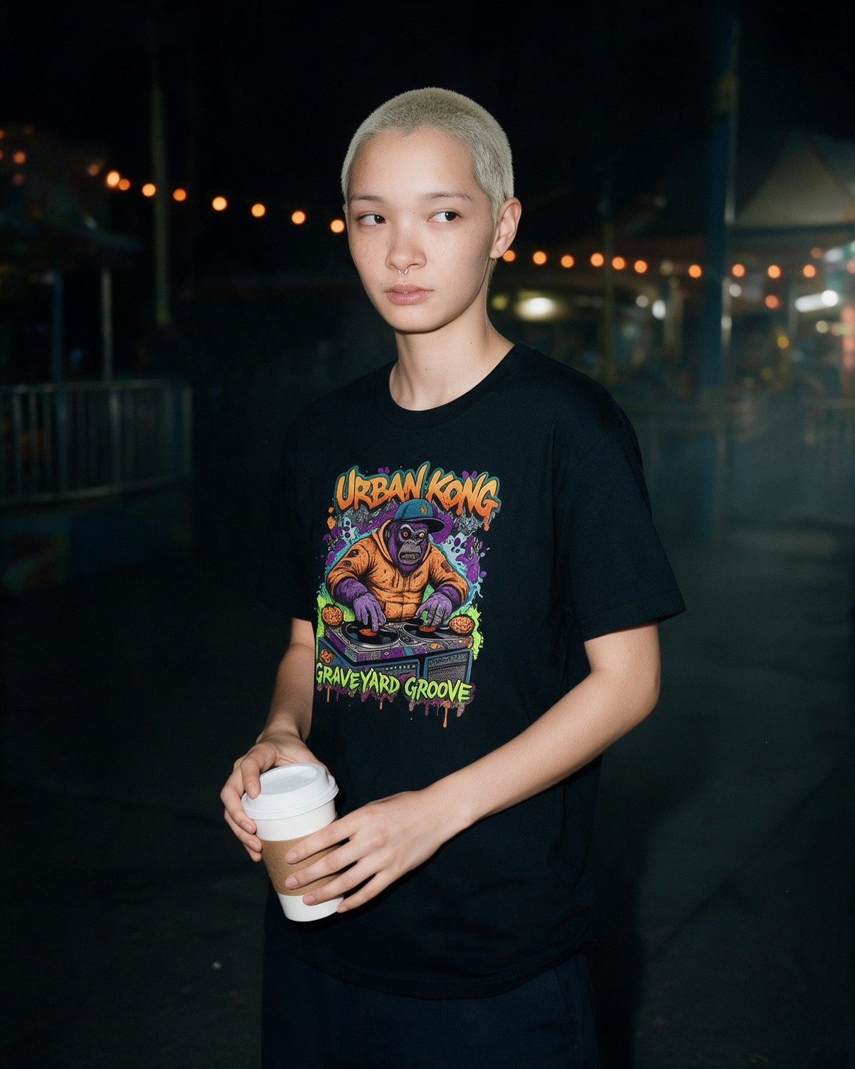 Zombie DJ T-Shirt in Black worn on the street — Urban Kong