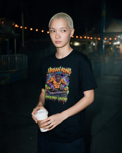 Zombie DJ T-Shirt in Black worn on the street — Urban Kong
