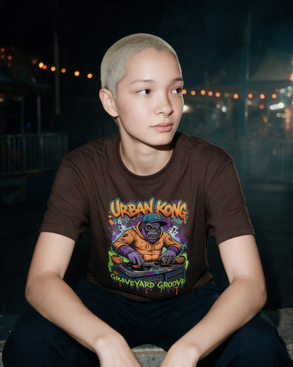 Zombie DJ T-Shirt in Dark Chocolate worn on the street — Urban Kong