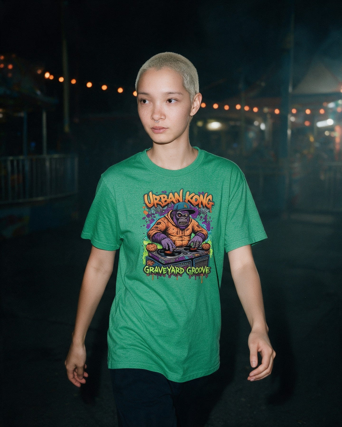 Zombie DJ T-Shirt in Heather Irish Green worn on the street — Urban Kong