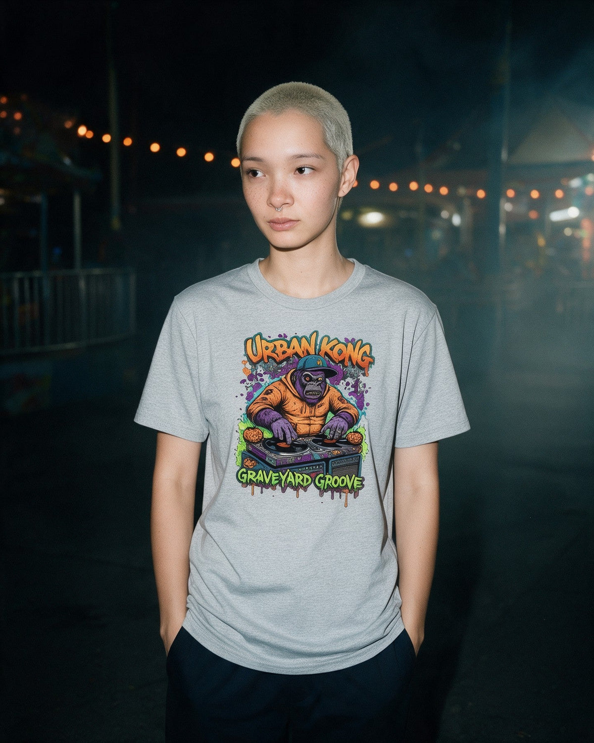 Zombie DJ T-Shirt in Sport Grey worn on the street — Urban Kong