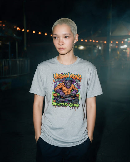 Zombie DJ T-Shirt in Sport Grey worn on the street — Urban Kong