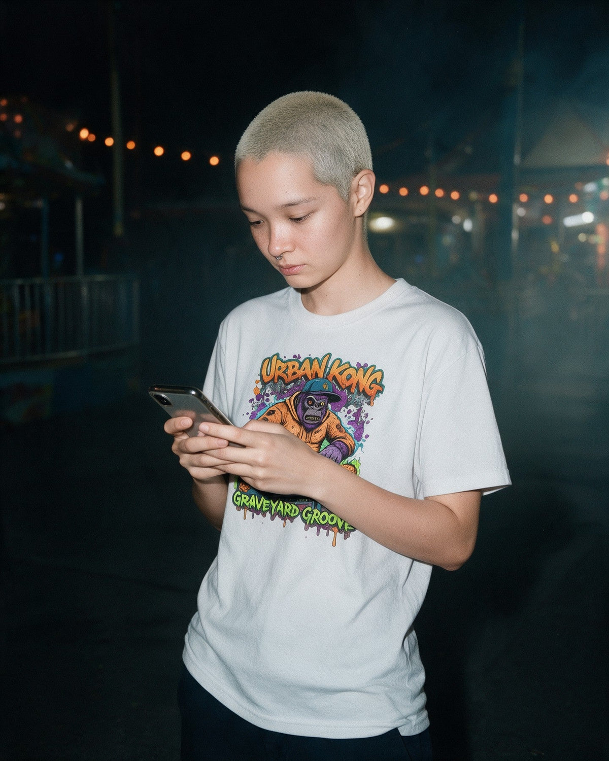 Zombie DJ T-Shirt in White worn on the street — Urban Kong