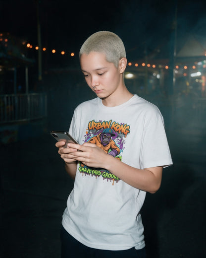 Zombie DJ T-Shirt in White worn on the street — Urban Kong